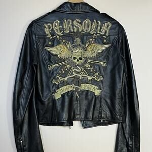 John Richmond Leather Jacket Persona Non Grata Embroidered Black/Gold 42 / 6 US